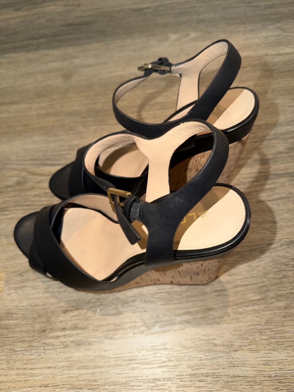 Aldo Black Cork Wedge Sandals with Ankle Strap